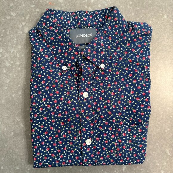 Bonobos Navy Floral Short Sleeve Slim Fit Shirt - Size Large - Picture 2 of 8